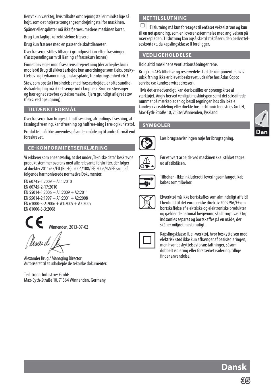 Dansk | AEG MF 1400 KE User Manual | Page 37 / 76