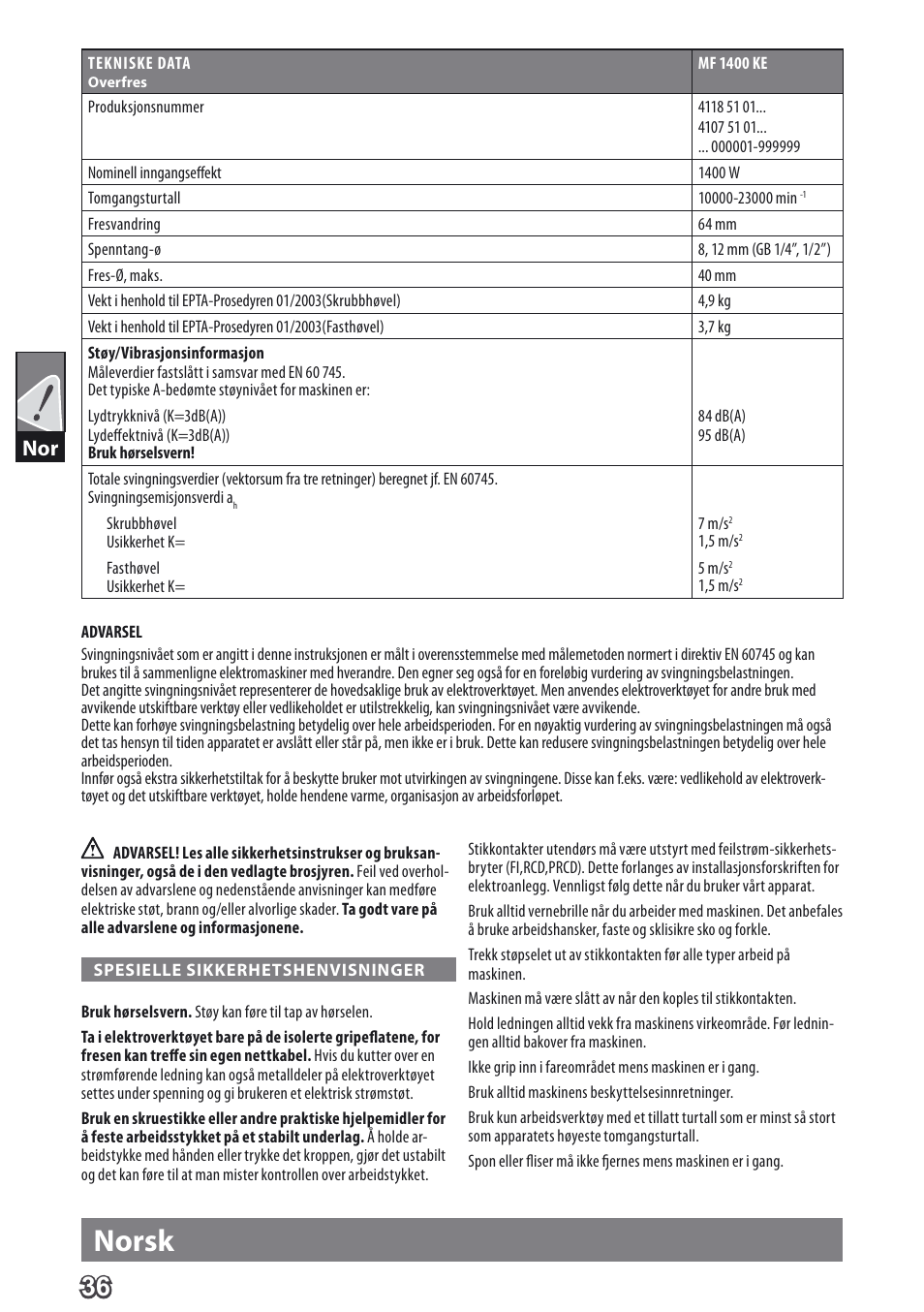 Norsk | AEG MF 1400 KE User Manual | Page 38 / 76