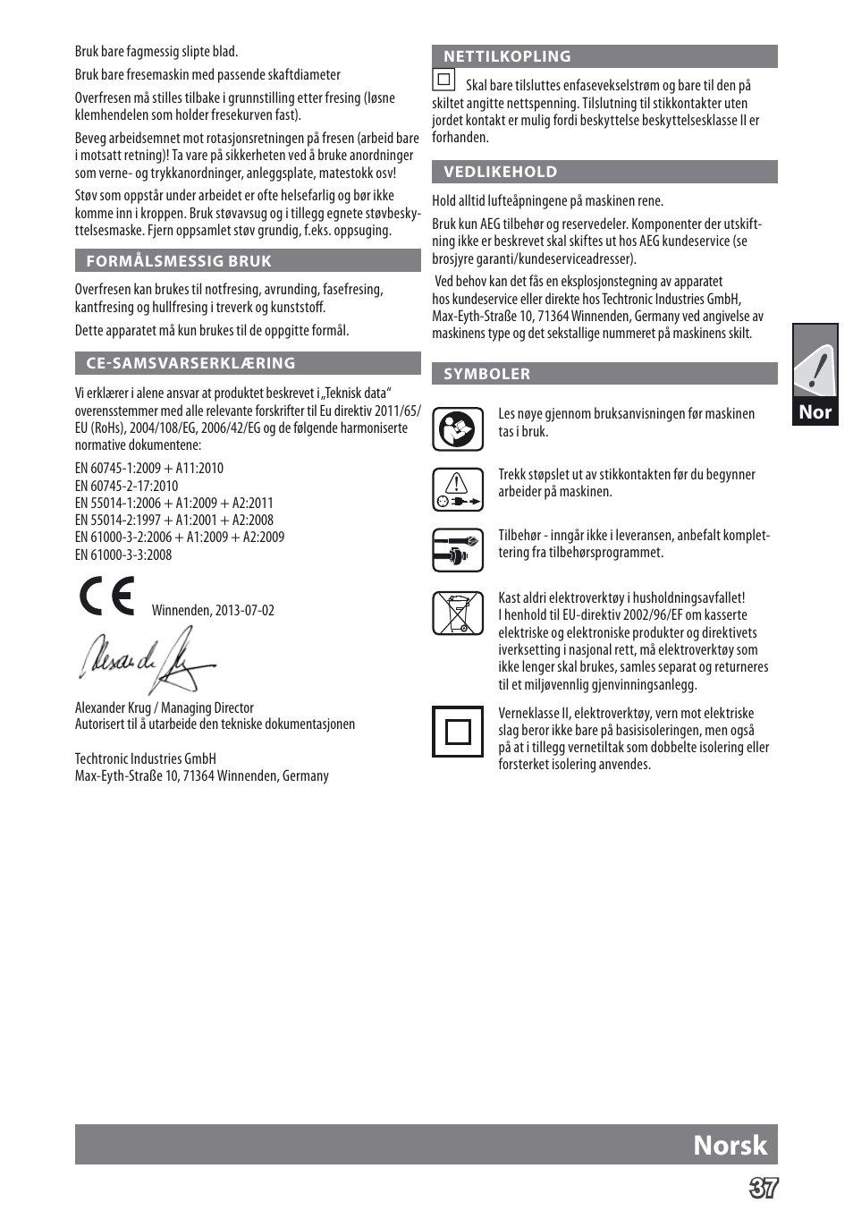 Norsk | AEG MF 1400 KE User Manual | Page 39 / 76