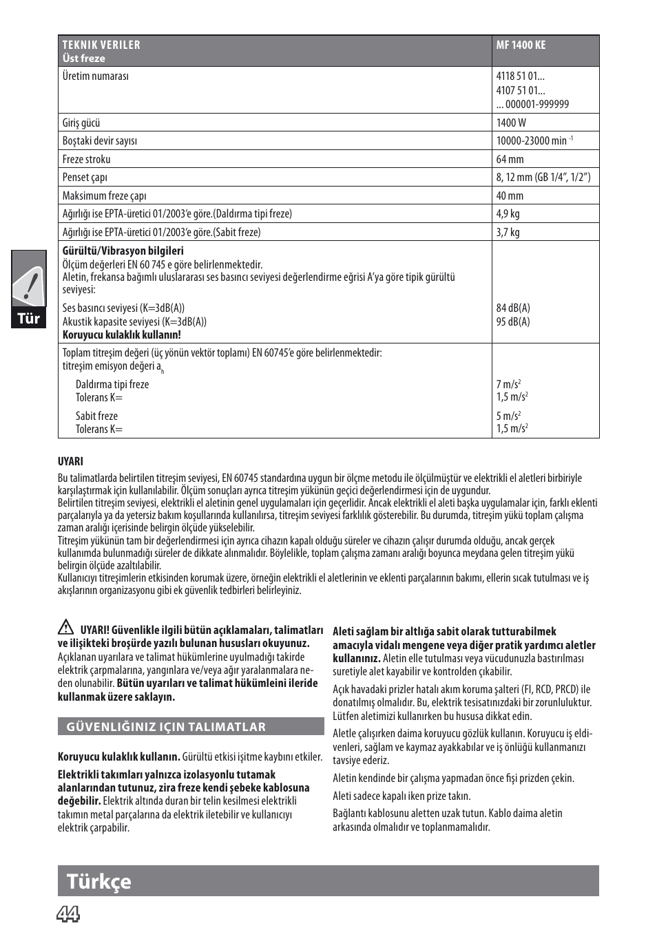 Türkçe | AEG MF 1400 KE User Manual | Page 46 / 76