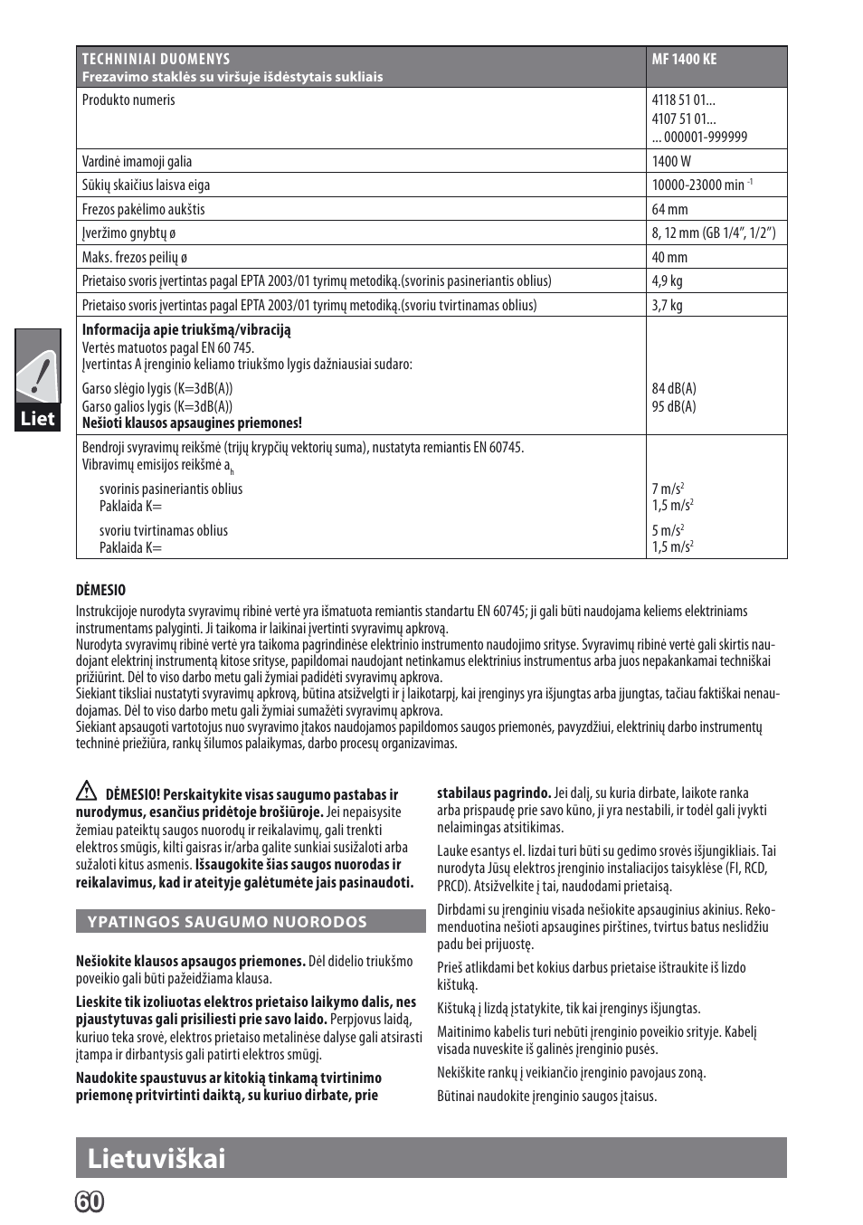Lietuviškai, Liet | AEG MF 1400 KE User Manual | Page 62 / 76