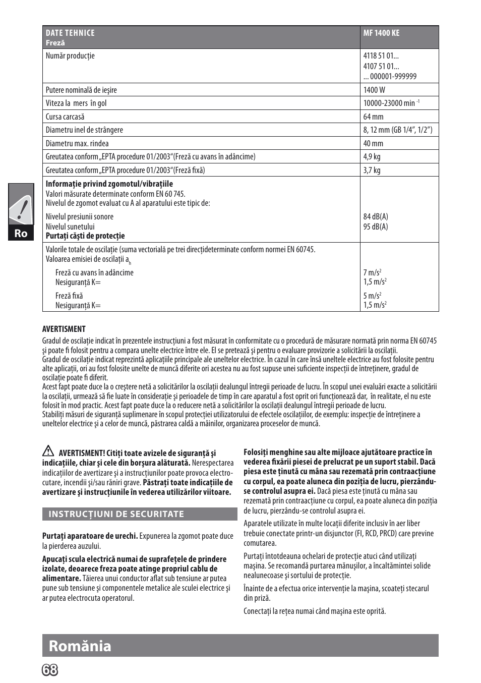 Romănia | AEG MF 1400 KE User Manual | Page 70 / 76