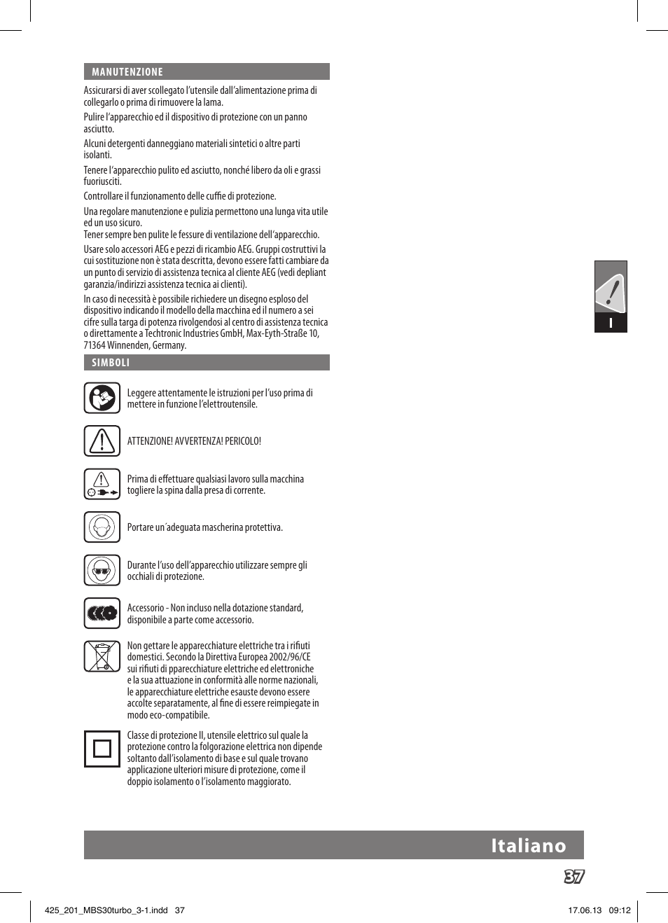 Italiano | AEG MBS 30 Turbo User Manual | Page 43 / 148