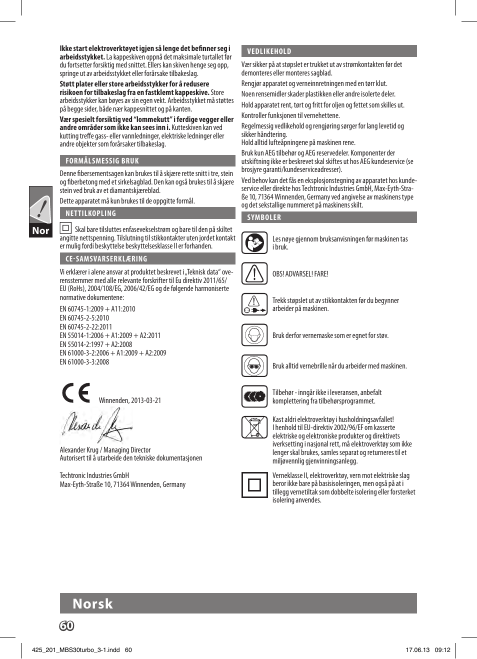 Norsk | AEG MBS 30 Turbo User Manual | Page 66 / 148