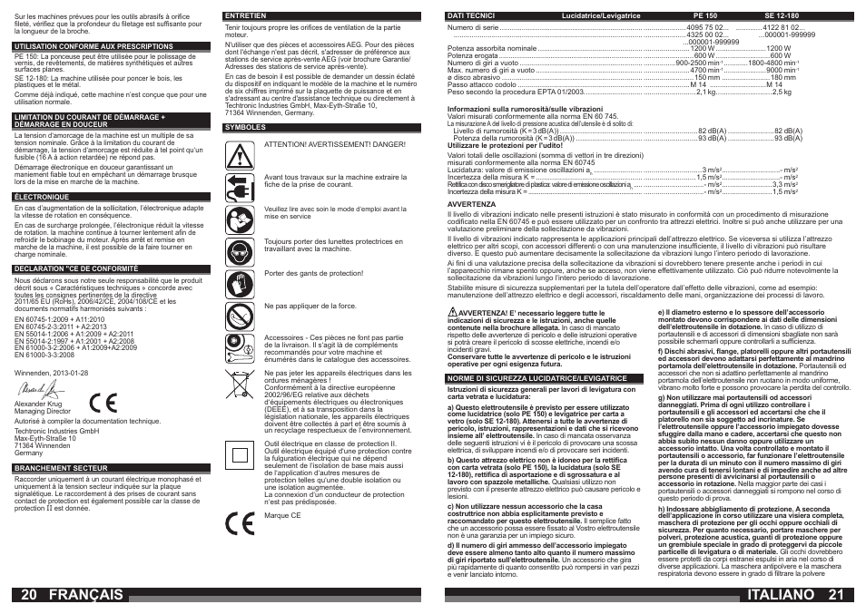 Italiano, Français | AEG PE 150 User Manual | Page 11 / 47