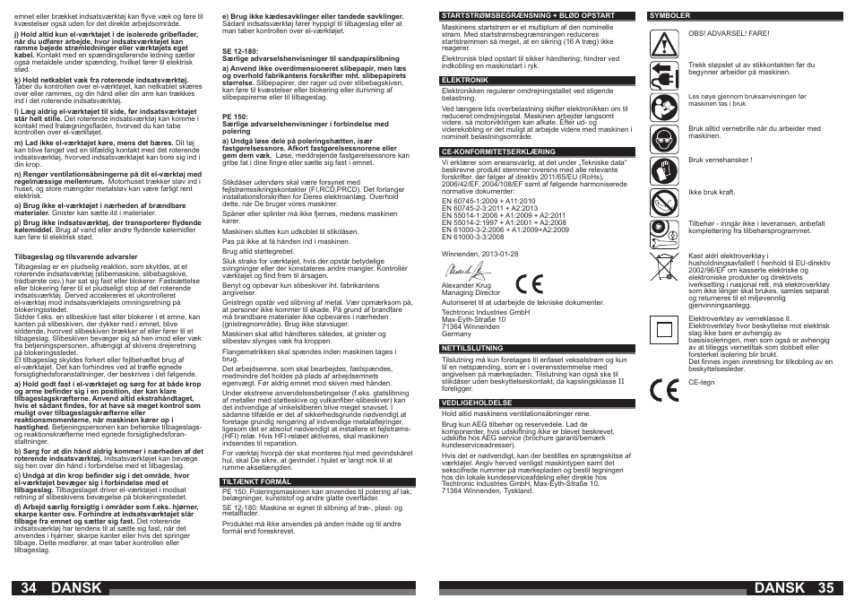 Dansk | AEG PE 150 User Manual | Page 18 / 47