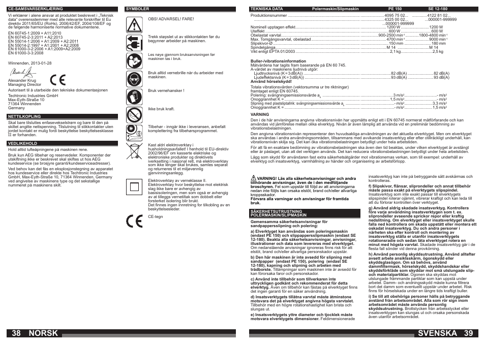 Svenska, Norsk | AEG PE 150 User Manual | Page 20 / 47