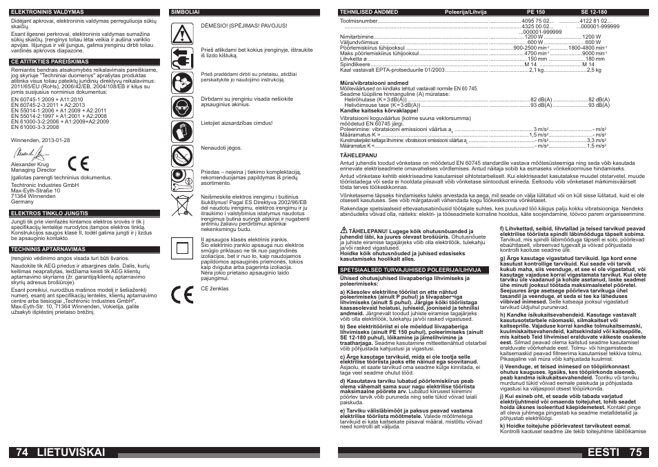 Eesti, Lietuviškai | AEG PE 150 User Manual | Page 38 / 47