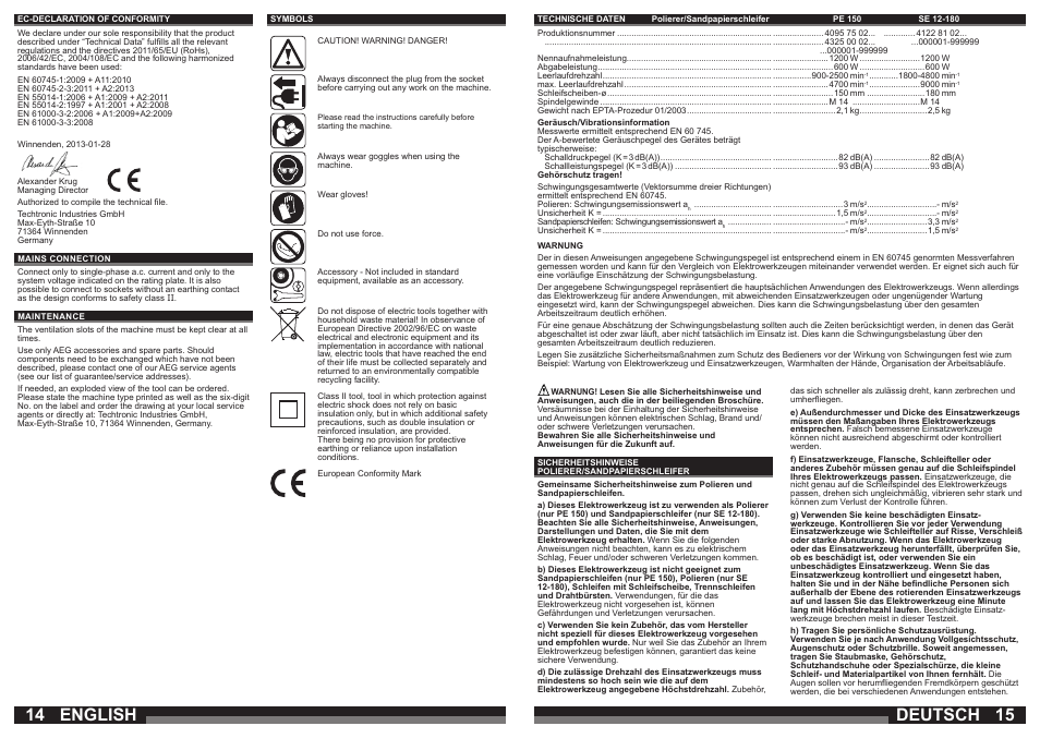 Deutsch, English | AEG PE 150 User Manual | Page 8 / 47