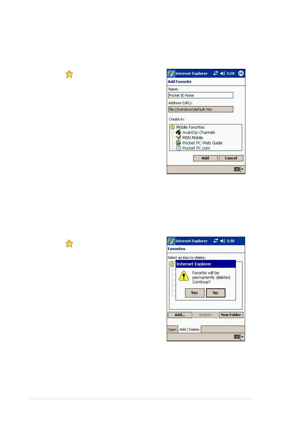 Adding/deleting mobile favorites and folders | Asus MyPal A620BT User Manual | Page 120 / 156