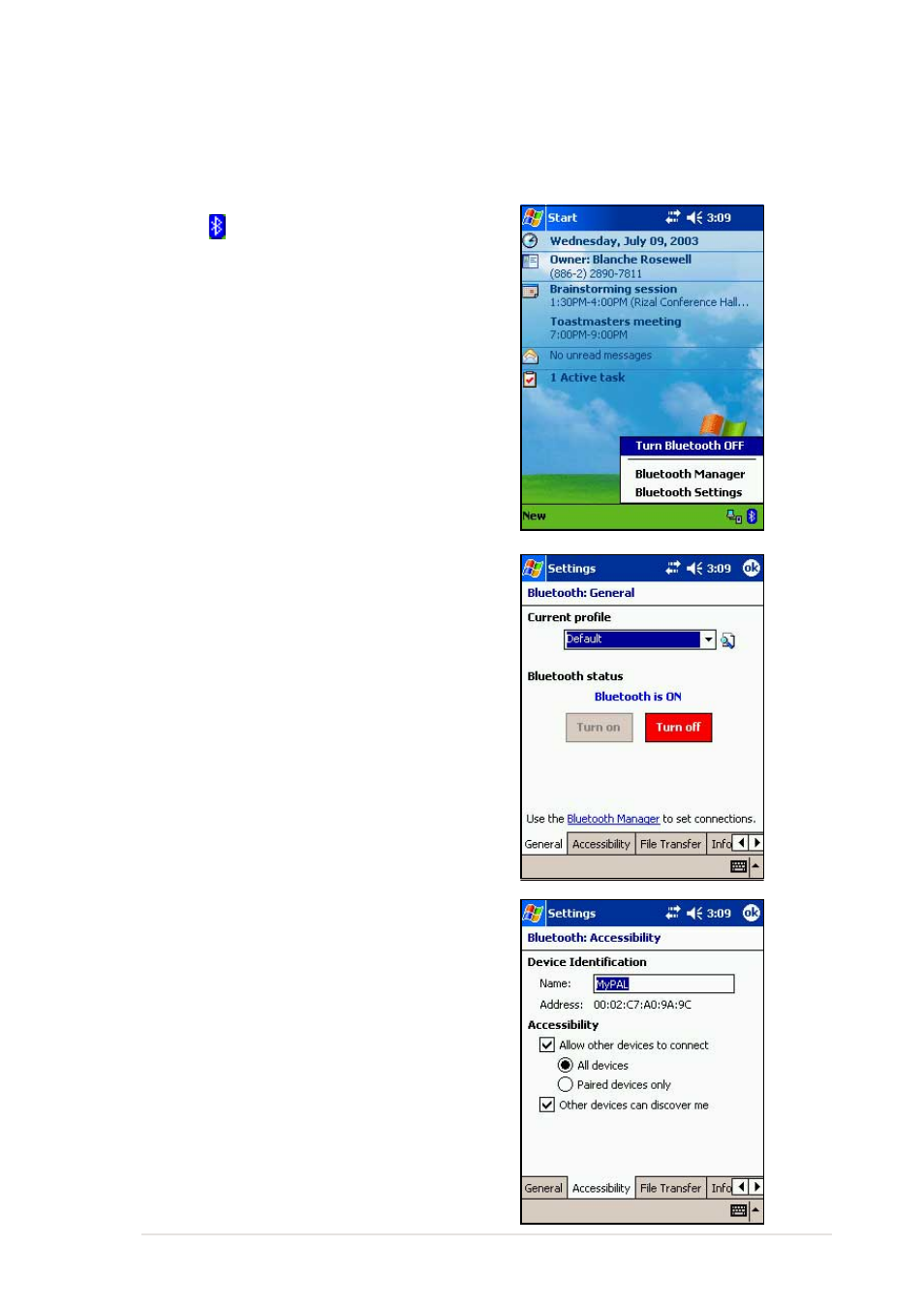 Bluetooth settings, General, Accessibility | Asus MyPal A620BT User Manual | Page 137 / 156