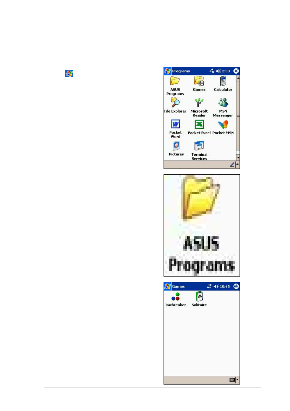Bundled programs, Asus programs, Games | Asus MyPal A620BT User Manual | Page 57 / 156