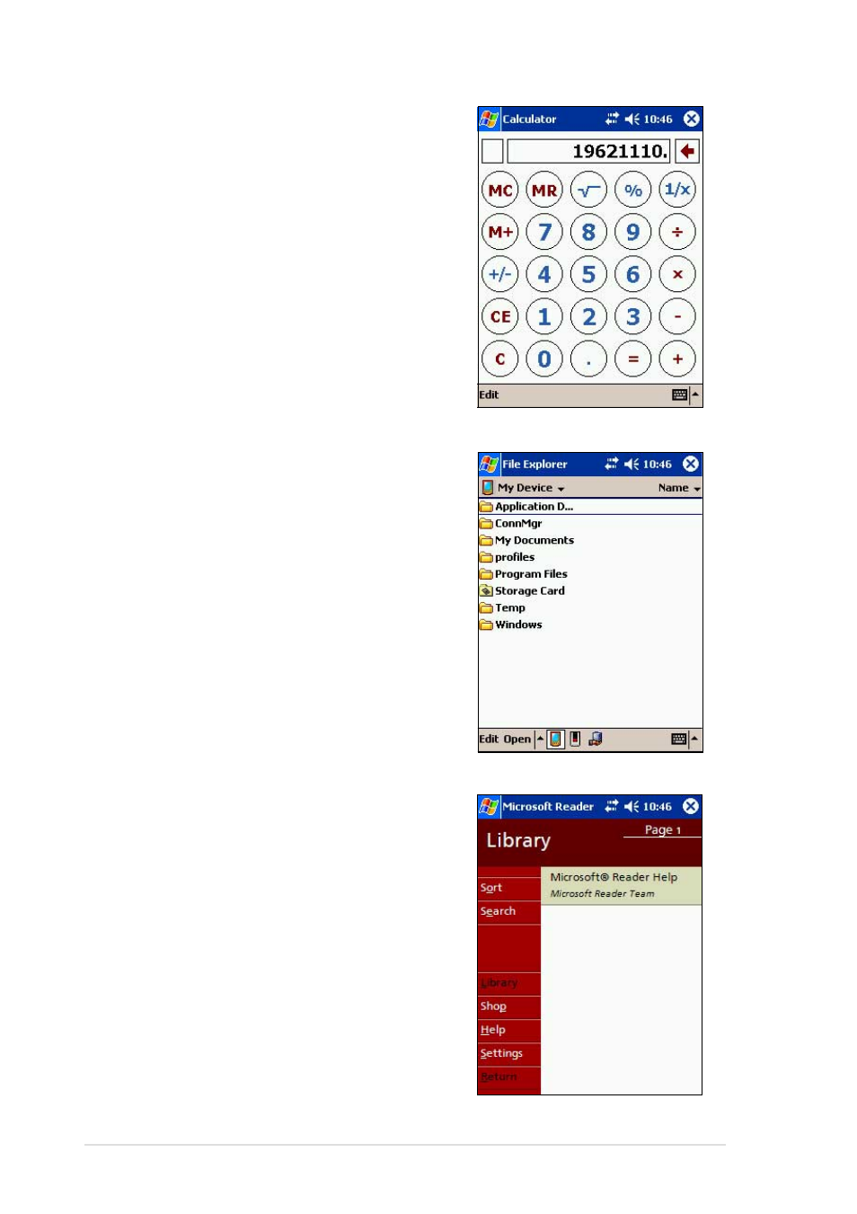 Calculator, File explorer, Microsoft reader | Asus MyPal A620BT User Manual | Page 58 / 156