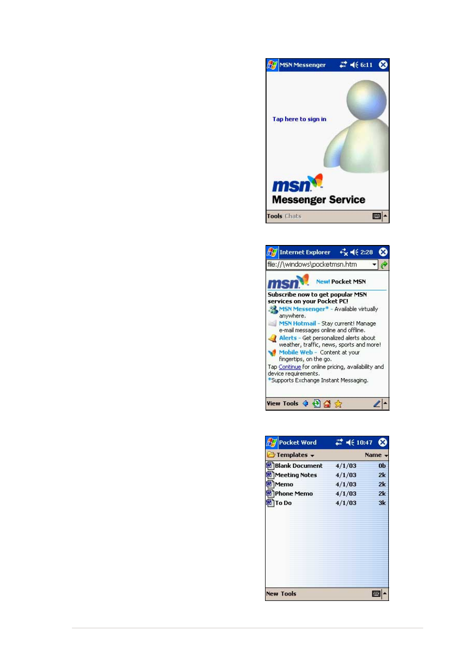 Msn messenger, Pocket msn, Pocket word | Asus MyPal A620BT User Manual | Page 59 / 156