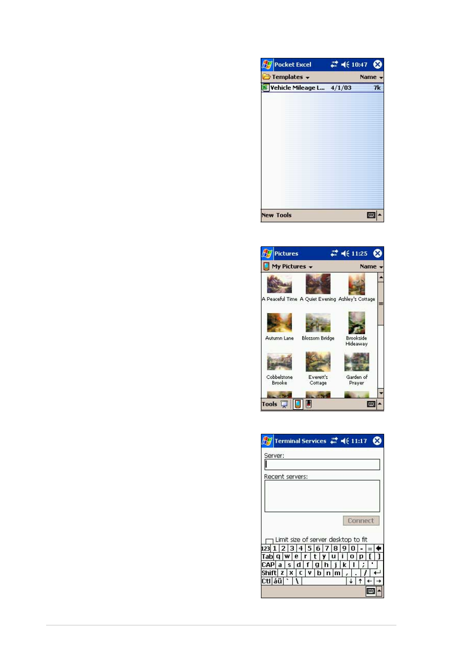 Pocket excel, Pictures, Terminal services client | Asus MyPal A620BT User Manual | Page 60 / 156
