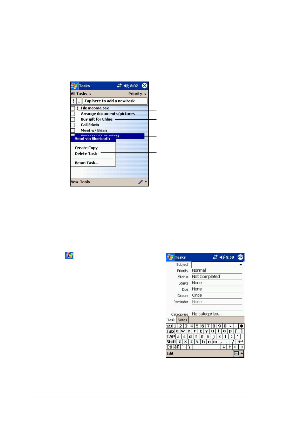 Tasks: keeping a to do list, Creating tasks | Asus MyPal A620BT User Manual | Page 80 / 156