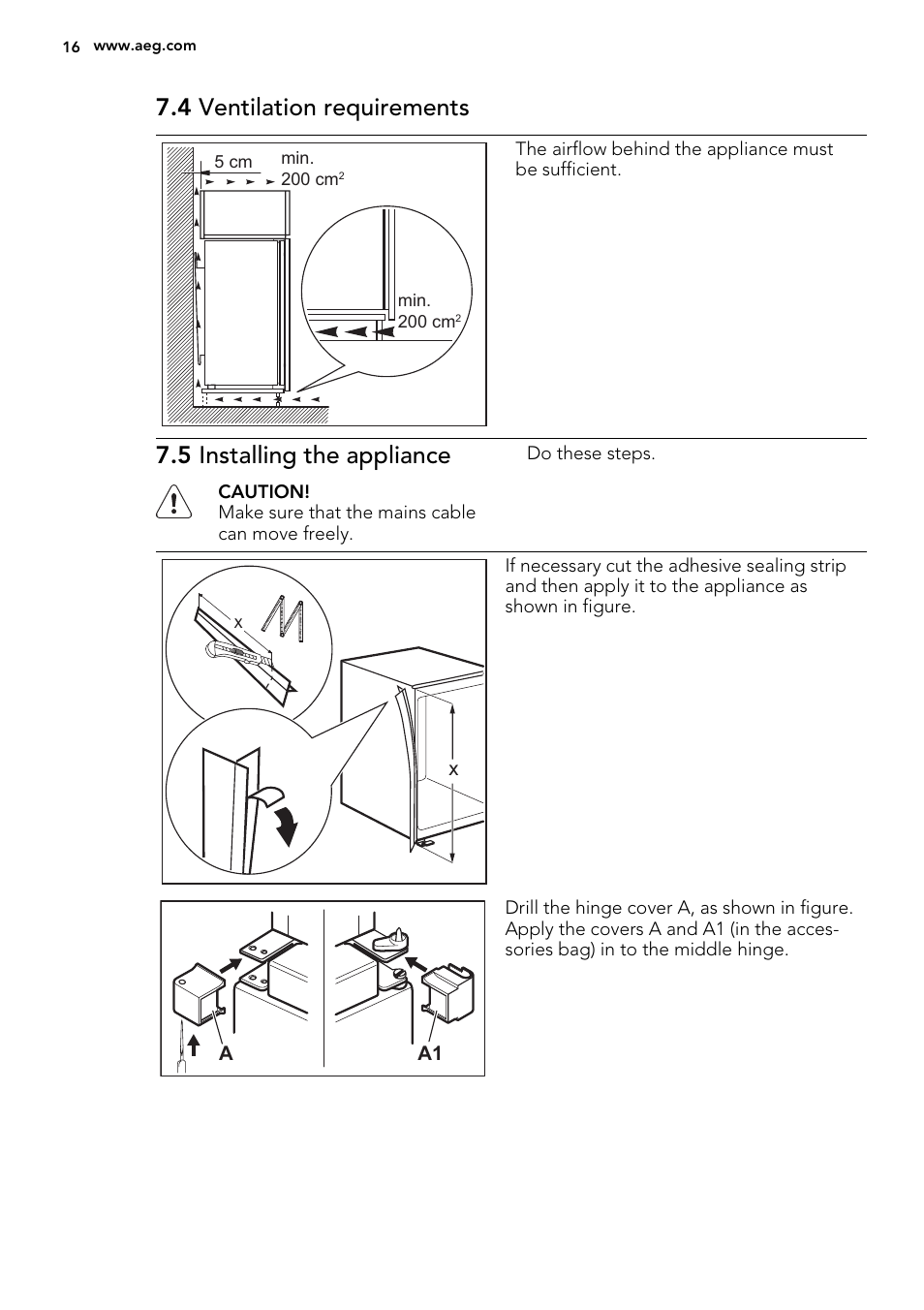 4 ventilation requirements, 5 installing the appliance | AEG SCT81800S1 User Manual | Page 16 / 68