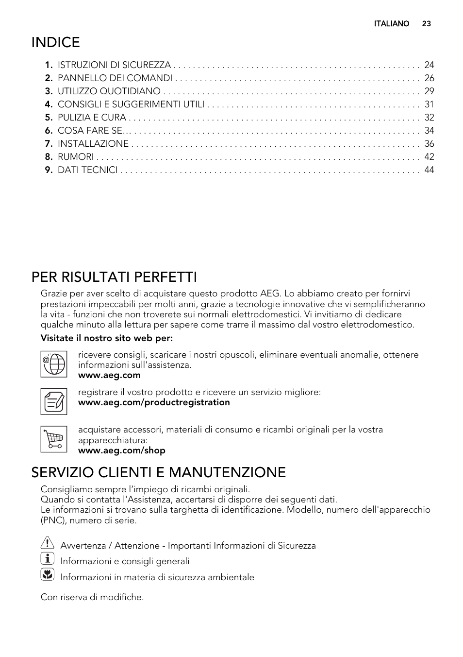 Indice, Per risultati perfetti, Servizio clienti e manutenzione | AEG SCT81800S1 User Manual | Page 23 / 68