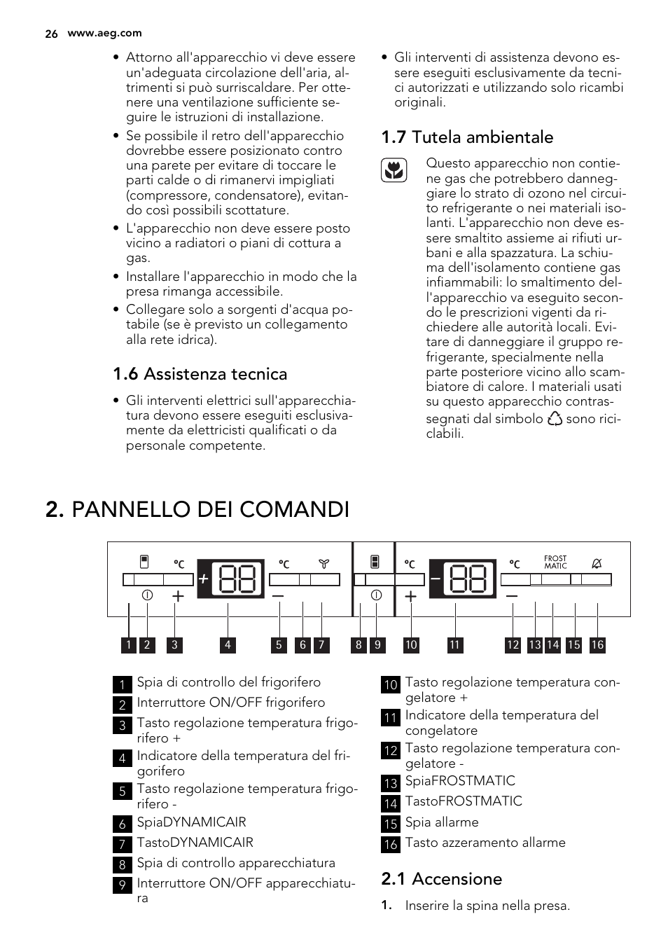 Pannello dei comandi, 6 assistenza tecnica, 7 tutela ambientale | 1 accensione | AEG SCT81800S1 User Manual | Page 26 / 68
