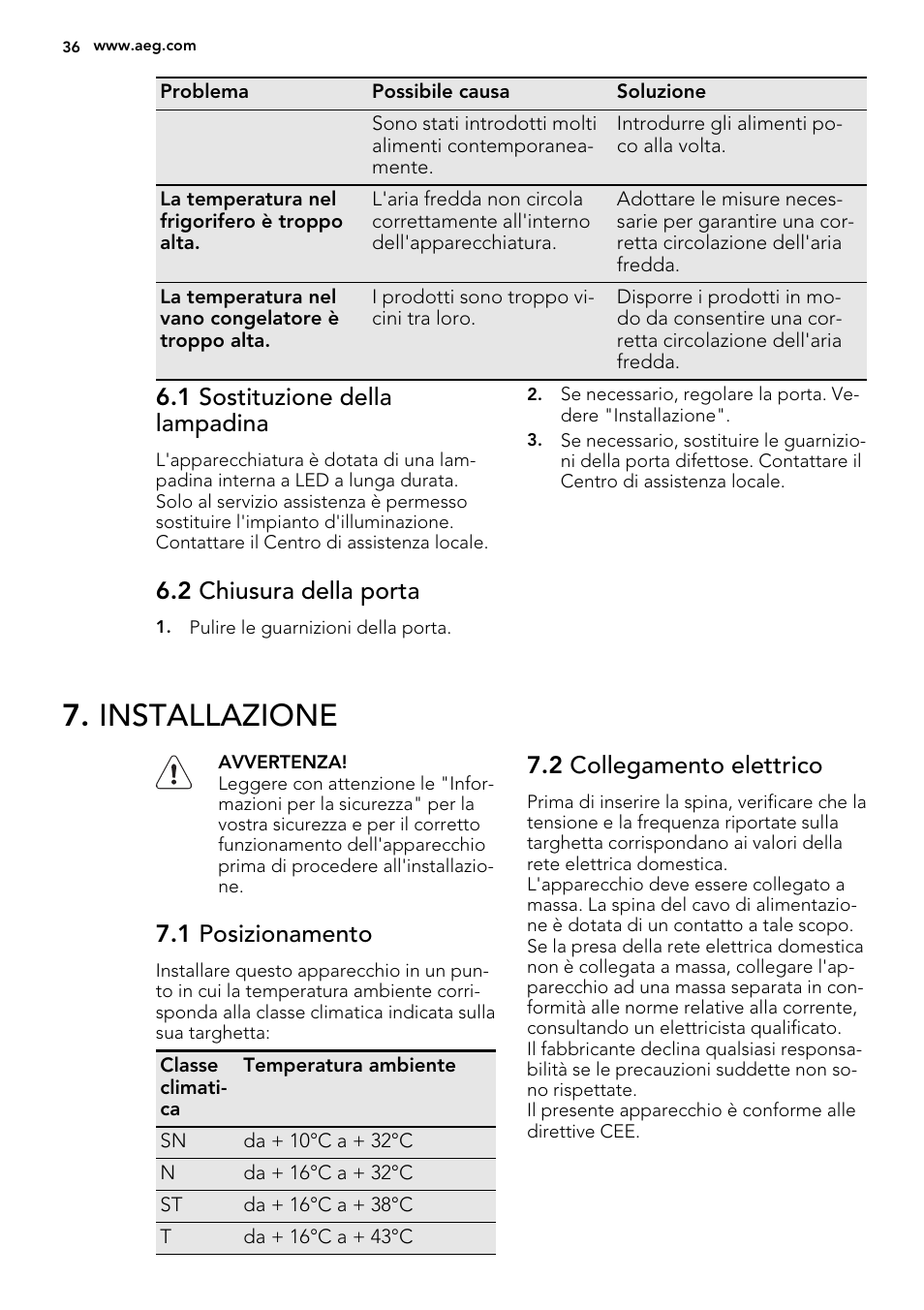 Installazione, 1 sostituzione della lampadina, 2 chiusura della porta | 1 posizionamento, 2 collegamento elettrico | AEG SCT81800S1 User Manual | Page 36 / 68