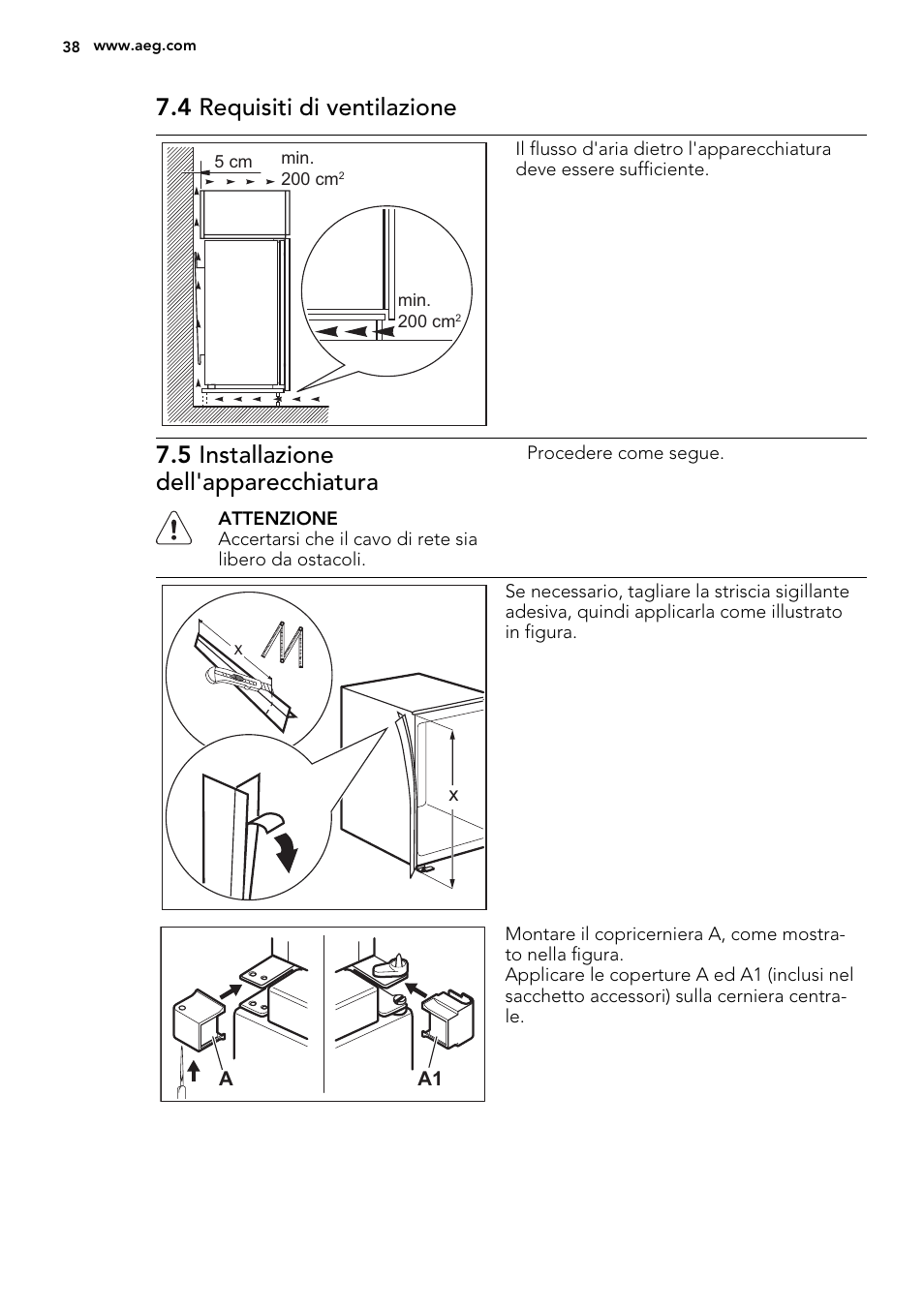 4 requisiti di ventilazione, 5 installazione dell'apparecchiatura | AEG SCT81800S1 User Manual | Page 38 / 68