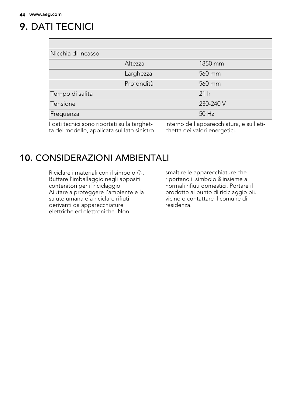 Dati tecnici, Considerazioni ambientali | AEG SCT81800S1 User Manual | Page 44 / 68