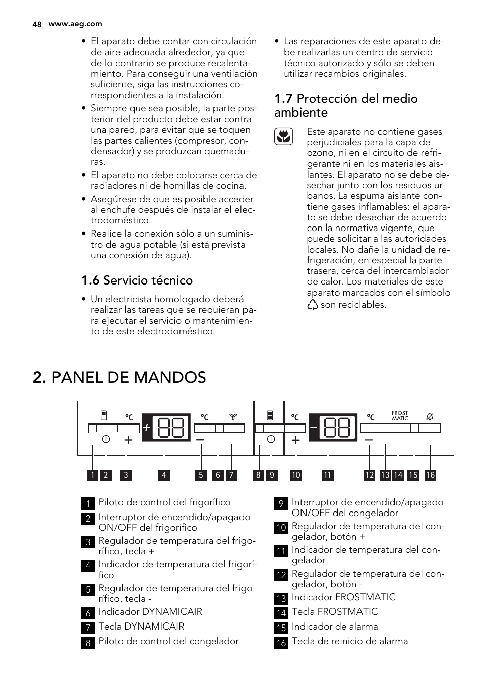 Panel de mandos, 6 servicio técnico, 7 protección del medio ambiente | AEG SCT81800S1 User Manual | Page 48 / 68