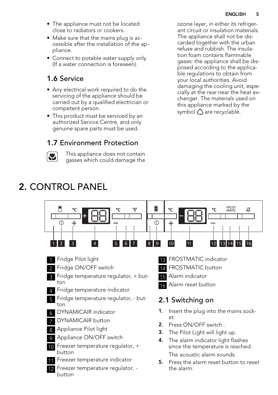 Control panel, 6 service, 7 environment protection | 1 switching on | AEG SCT81800S1 User Manual | Page 5 / 68