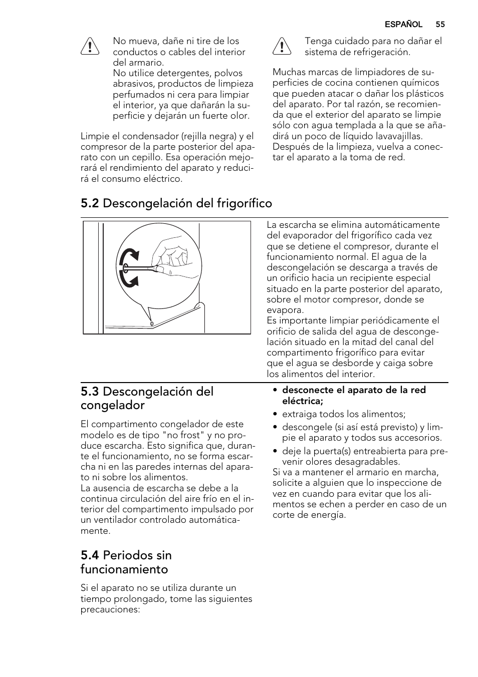 2 descongelación del frigorífico, 3 descongelación del congelador, 4 periodos sin funcionamiento | AEG SCT81800S1 User Manual | Page 55 / 68