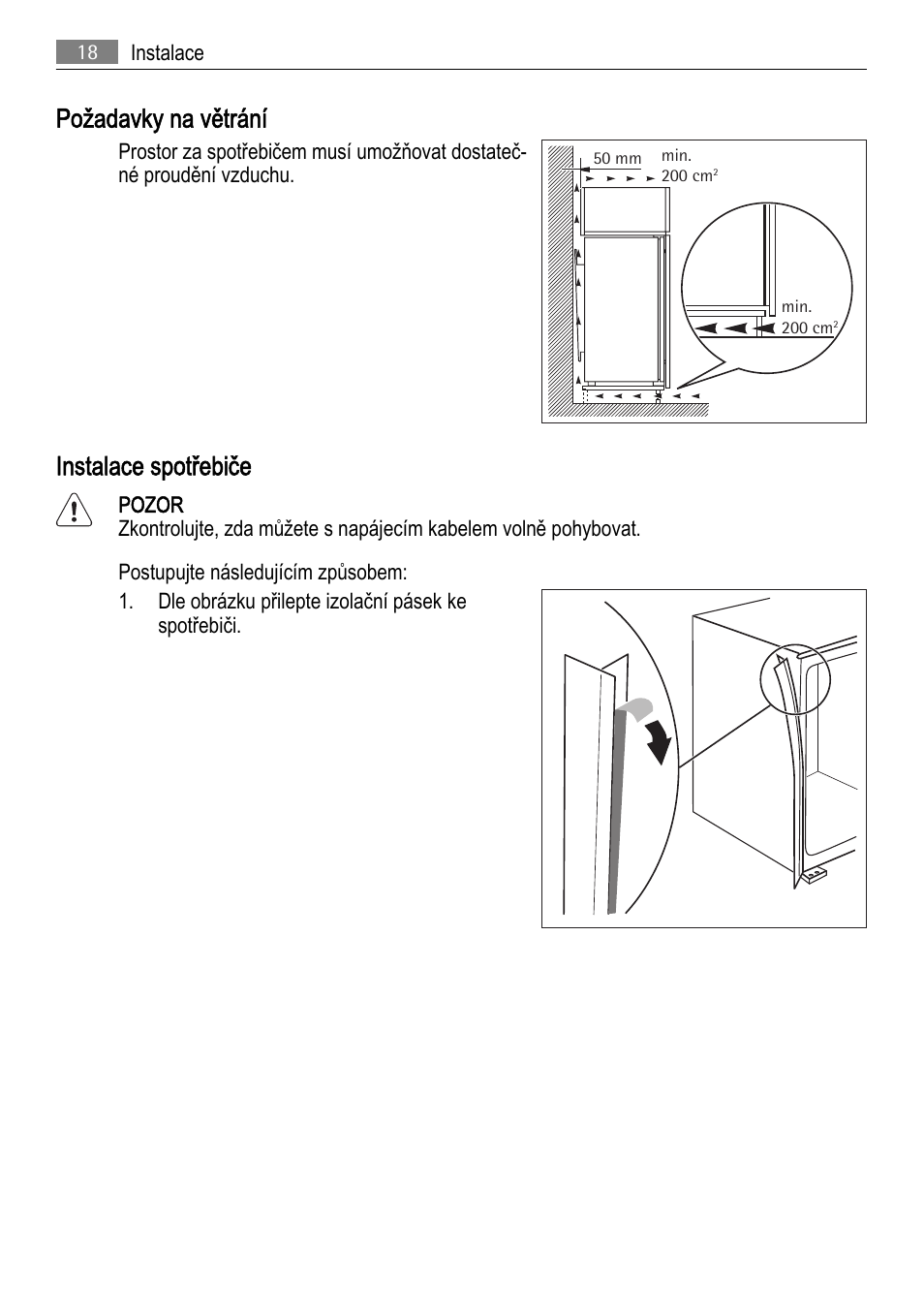 Požadavky na větrání, Instalace spotřebiče | AEG SCS81800F0 User Manual | Page 18 / 92