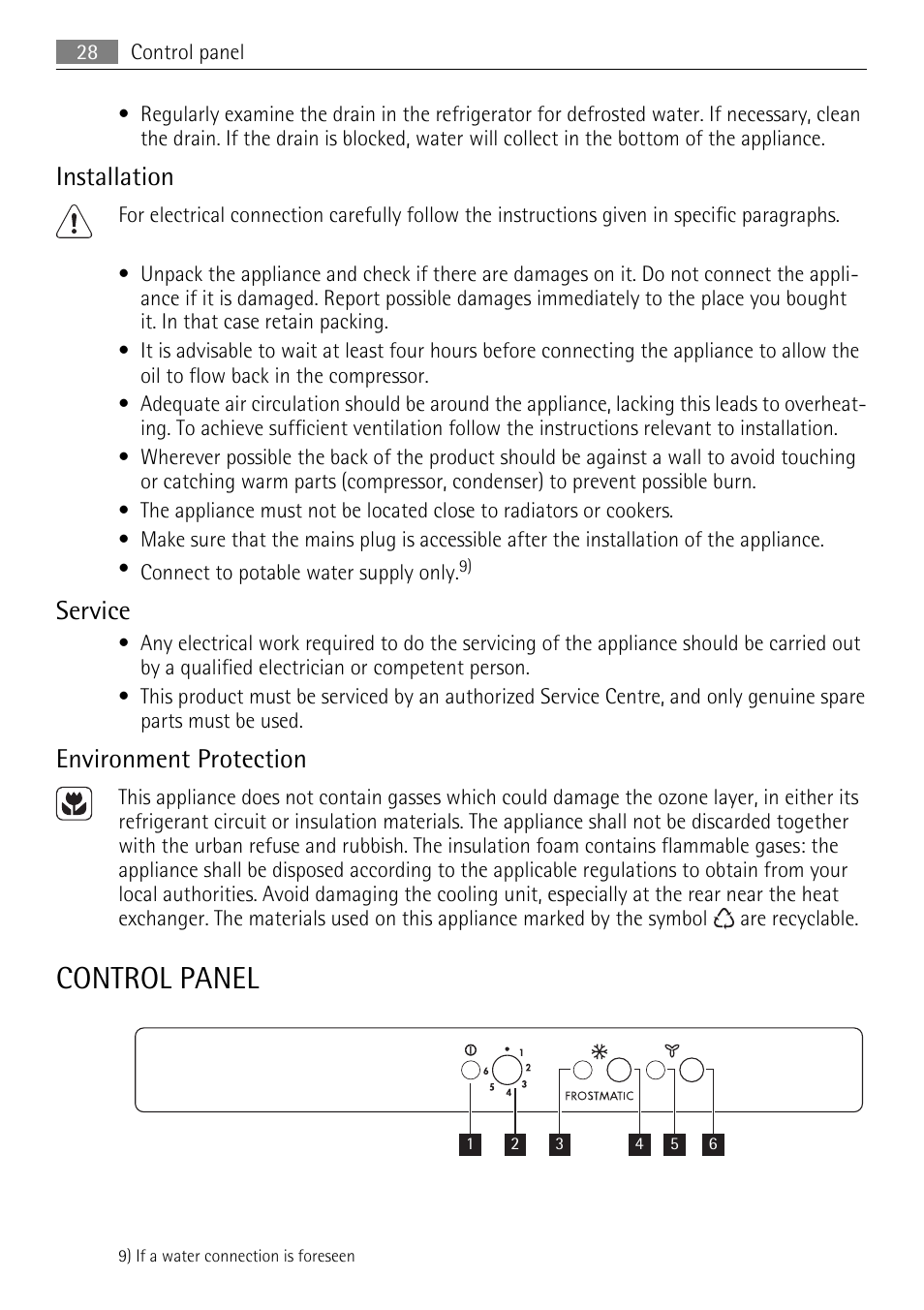 Control panel, Installation, Service | Environment protection | AEG SCS81800F0 User Manual | Page 28 / 92