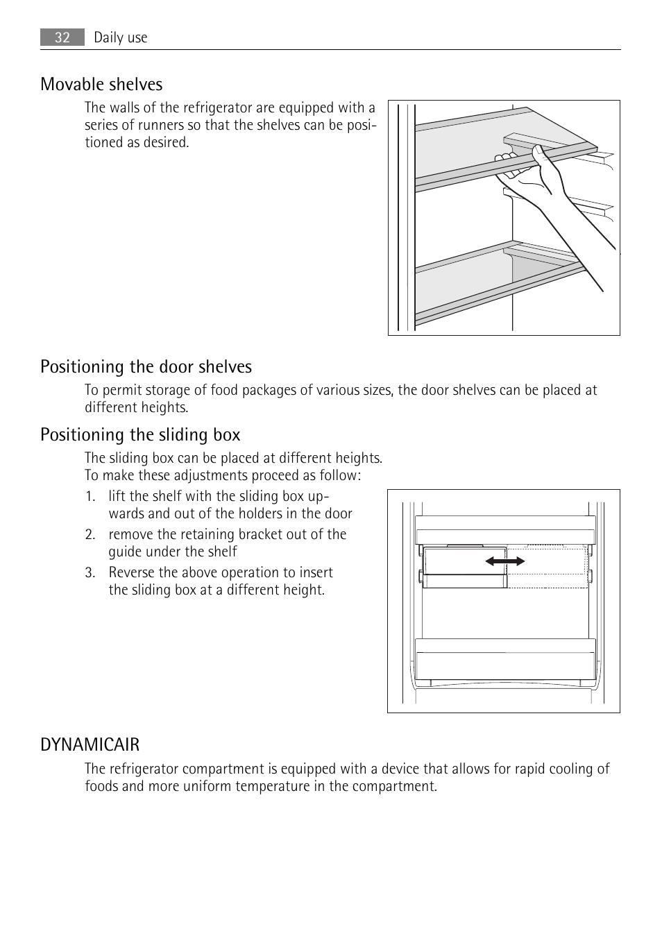 Movable shelves, Positioning the door shelves, Positioning the sliding box | Dynamicair | AEG SCS81800F0 User Manual | Page 32 / 92