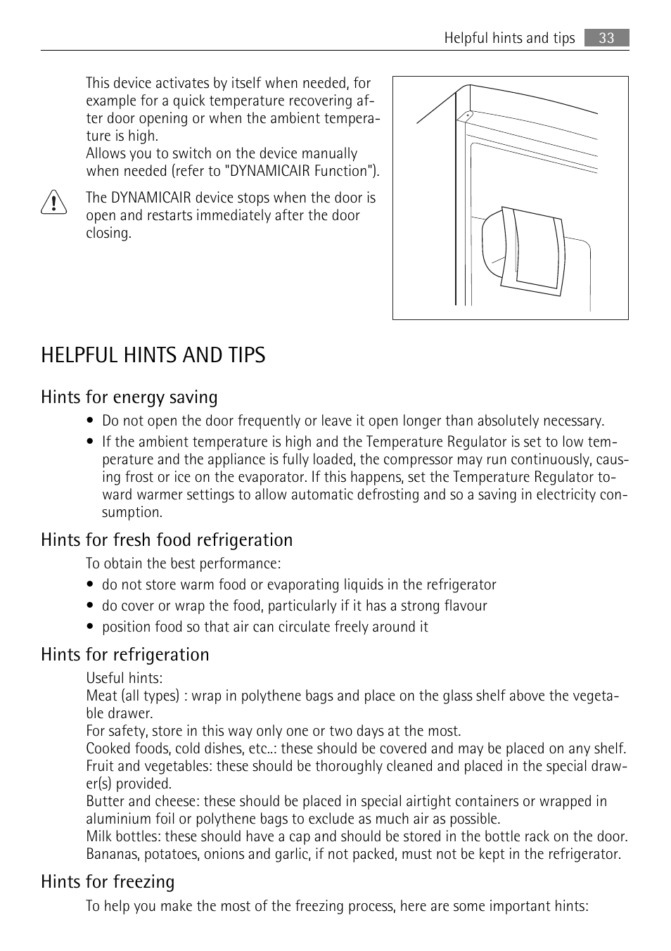 Helpful hints and tips, Hints for energy saving, Hints for fresh food refrigeration | Hints for refrigeration, Hints for freezing | AEG SCS81800F0 User Manual | Page 33 / 92