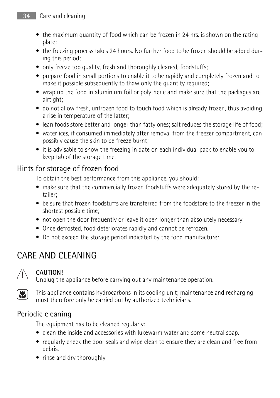 Care and cleaning, Hints for storage of frozen food, Periodic cleaning | AEG SCS81800F0 User Manual | Page 34 / 92