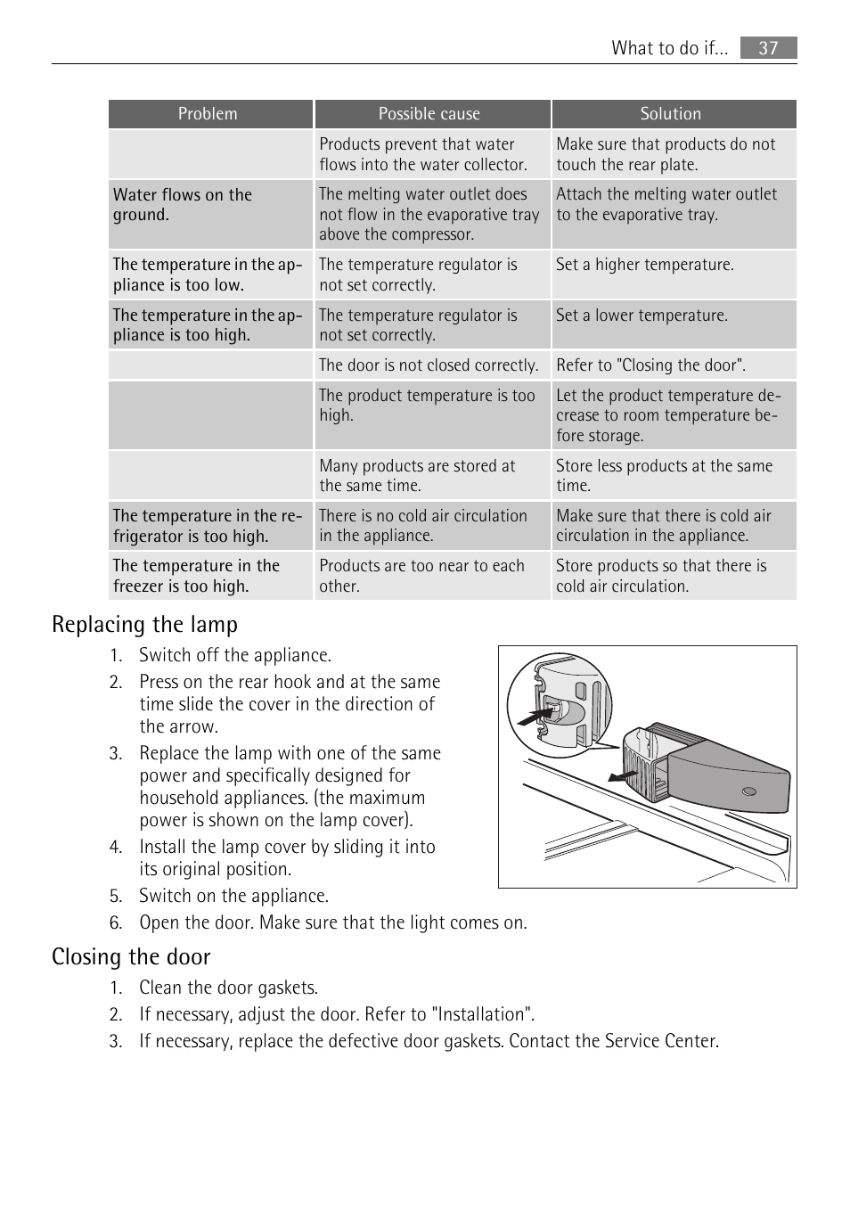 Replacing the lamp, Closing the door | AEG SCS81800F0 User Manual | Page 37 / 92