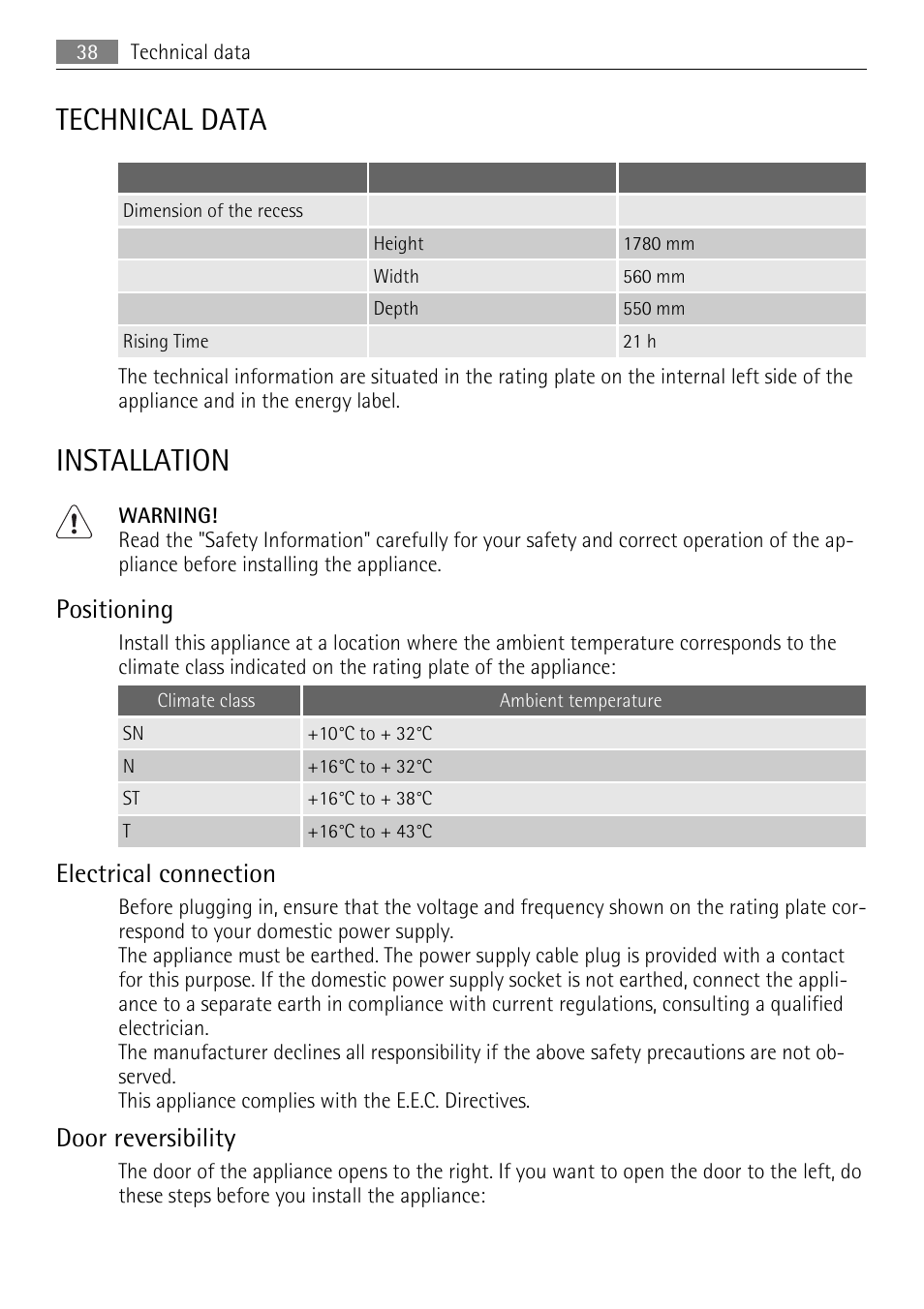 Technical data, Installation, Positioning | Electrical connection, Door reversibility | AEG SCS81800F0 User Manual | Page 38 / 92