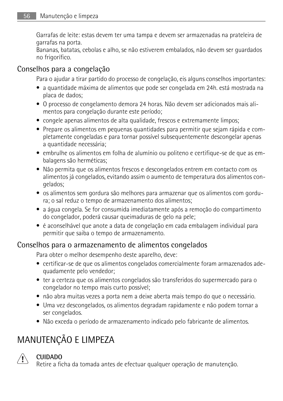 Manutenção e limpeza, Conselhos para a congelação | AEG SCS81800F0 User Manual | Page 56 / 92