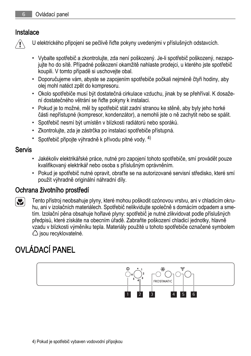 Ovládací panel, Instalace, Servis | Ochrana životního prostředí | AEG SCS81800F0 User Manual | Page 6 / 92