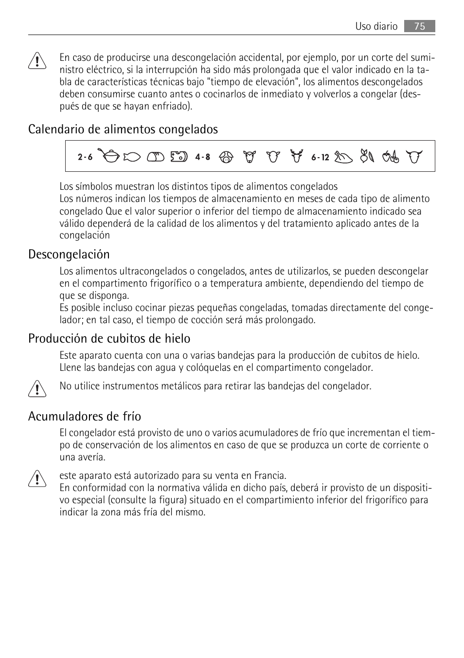 Calendario de alimentos congelados, Descongelación, Producción de cubitos de hielo | Acumuladores de frío | AEG SCS81800F0 User Manual | Page 75 / 92