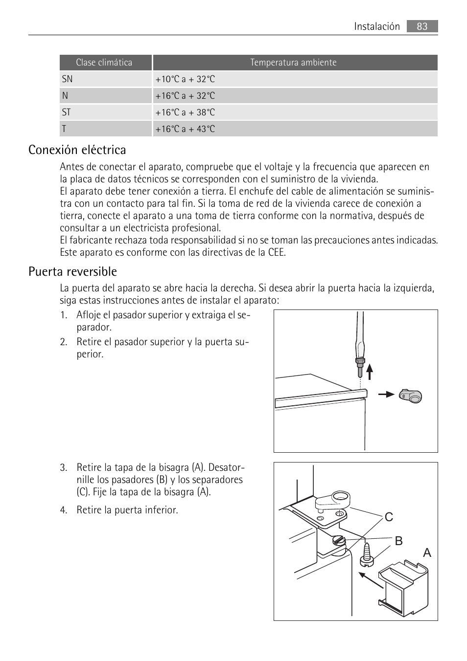 Conexión eléctrica, Puerta reversible | AEG SCS81800F0 User Manual | Page 83 / 92