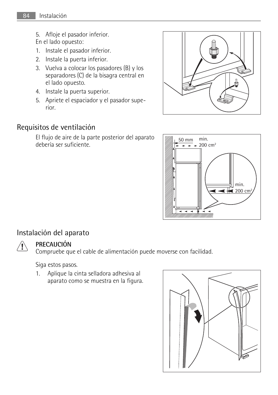 Requisitos de ventilación, Instalación del aparato | AEG SCS81800F0 User Manual | Page 84 / 92