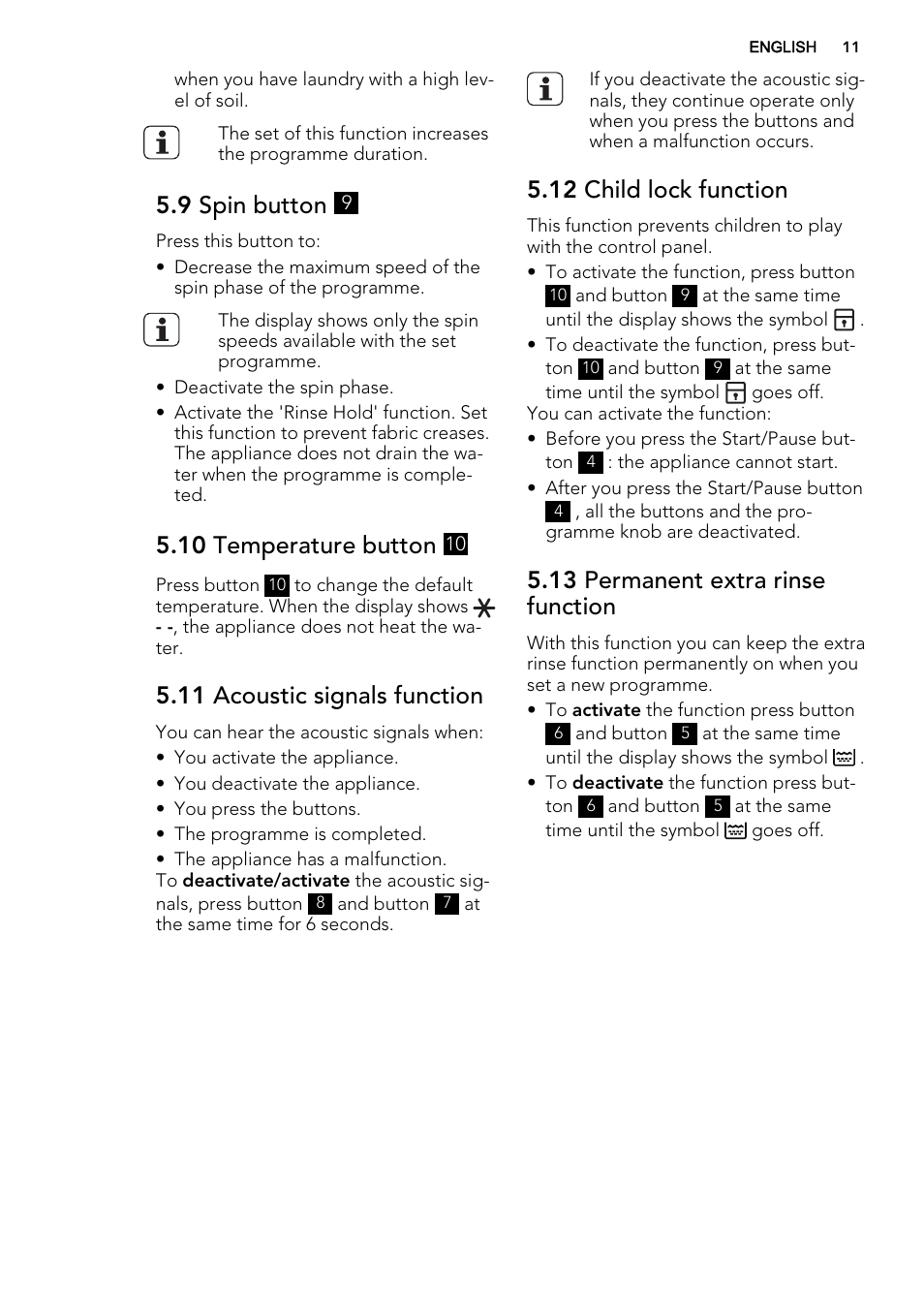 9 spin button, 10 temperature button, 11 acoustic signals function | 12 child lock function, 13 permanent extra rinse function | AEG L87490FL User Manual | Page 11 / 68