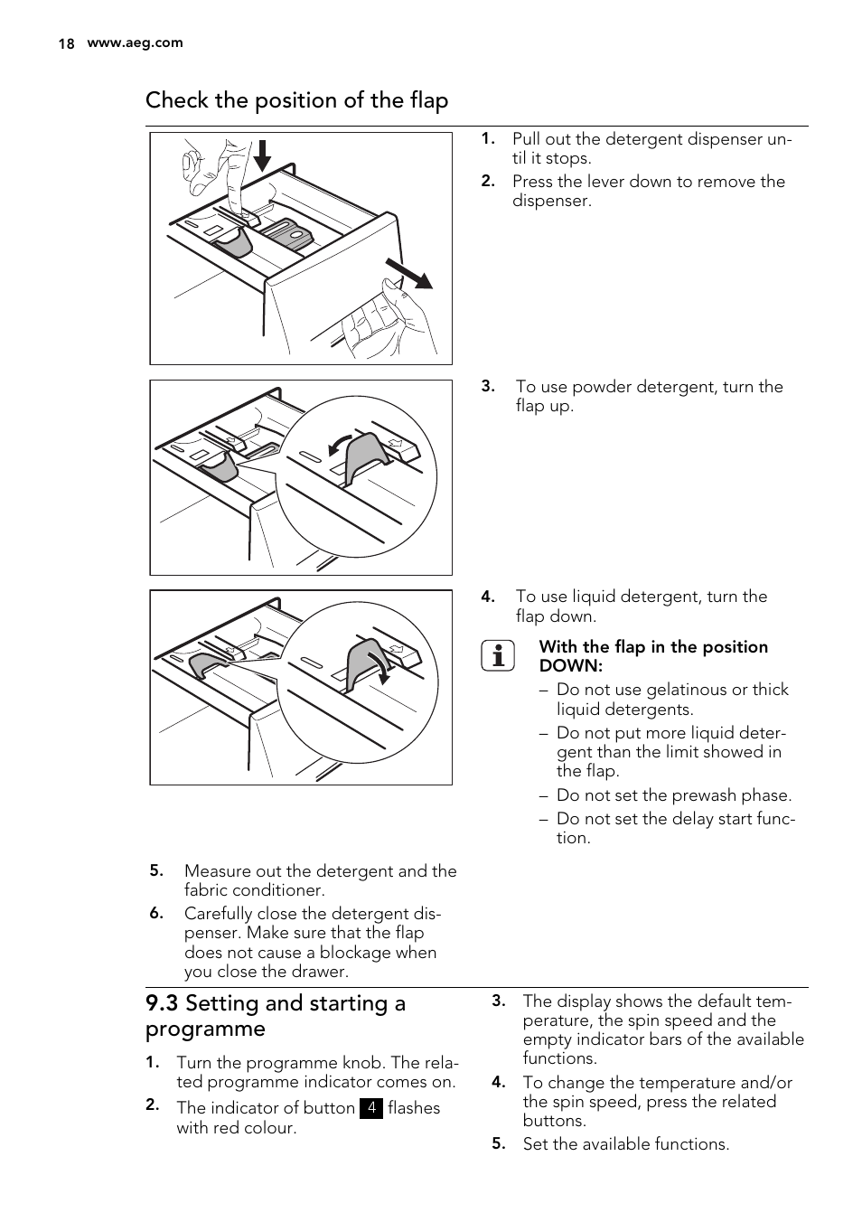Check the position of the flap, 3 setting and starting a programme | AEG L87490FL User Manual | Page 18 / 68