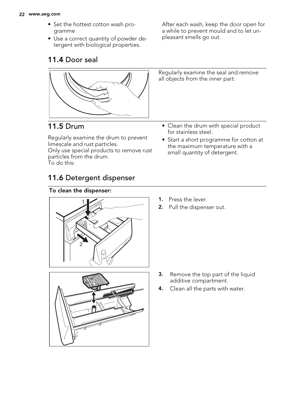 4 door seal, 5 drum, 6 detergent dispenser | AEG L87490FL User Manual | Page 22 / 68