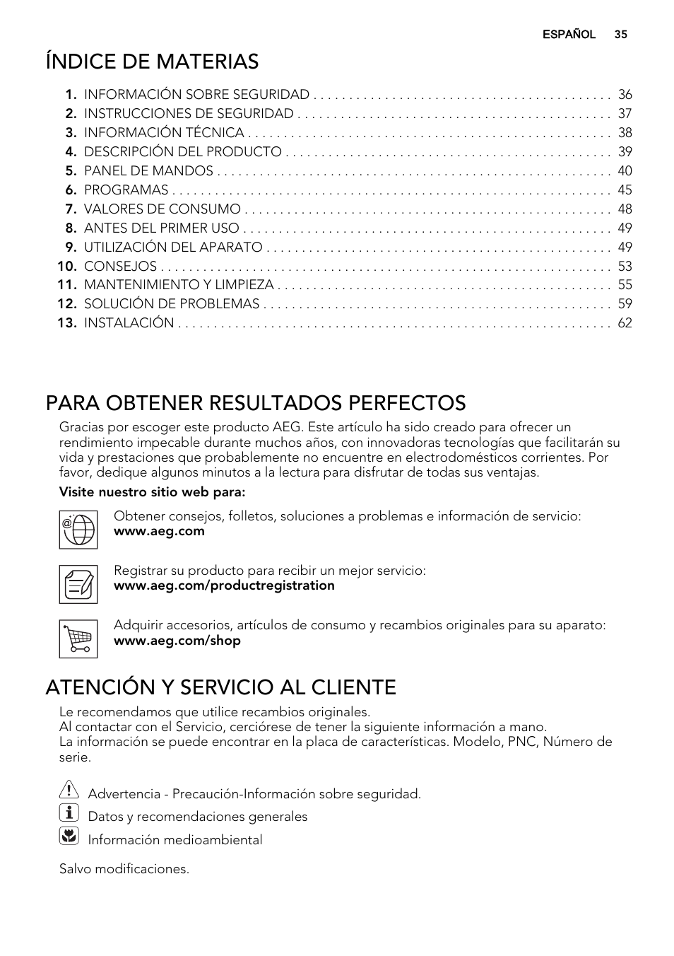 Índice de materias, Para obtener resultados perfectos, Atención y servicio al cliente | AEG L87490FL User Manual | Page 35 / 68