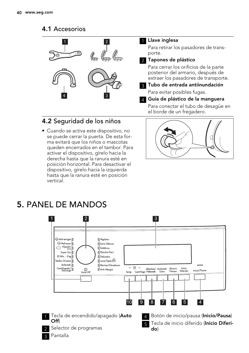 Panel de mandos, 1 accesorios, 2 seguridad de los niños | AEG L87490FL User Manual | Page 40 / 68