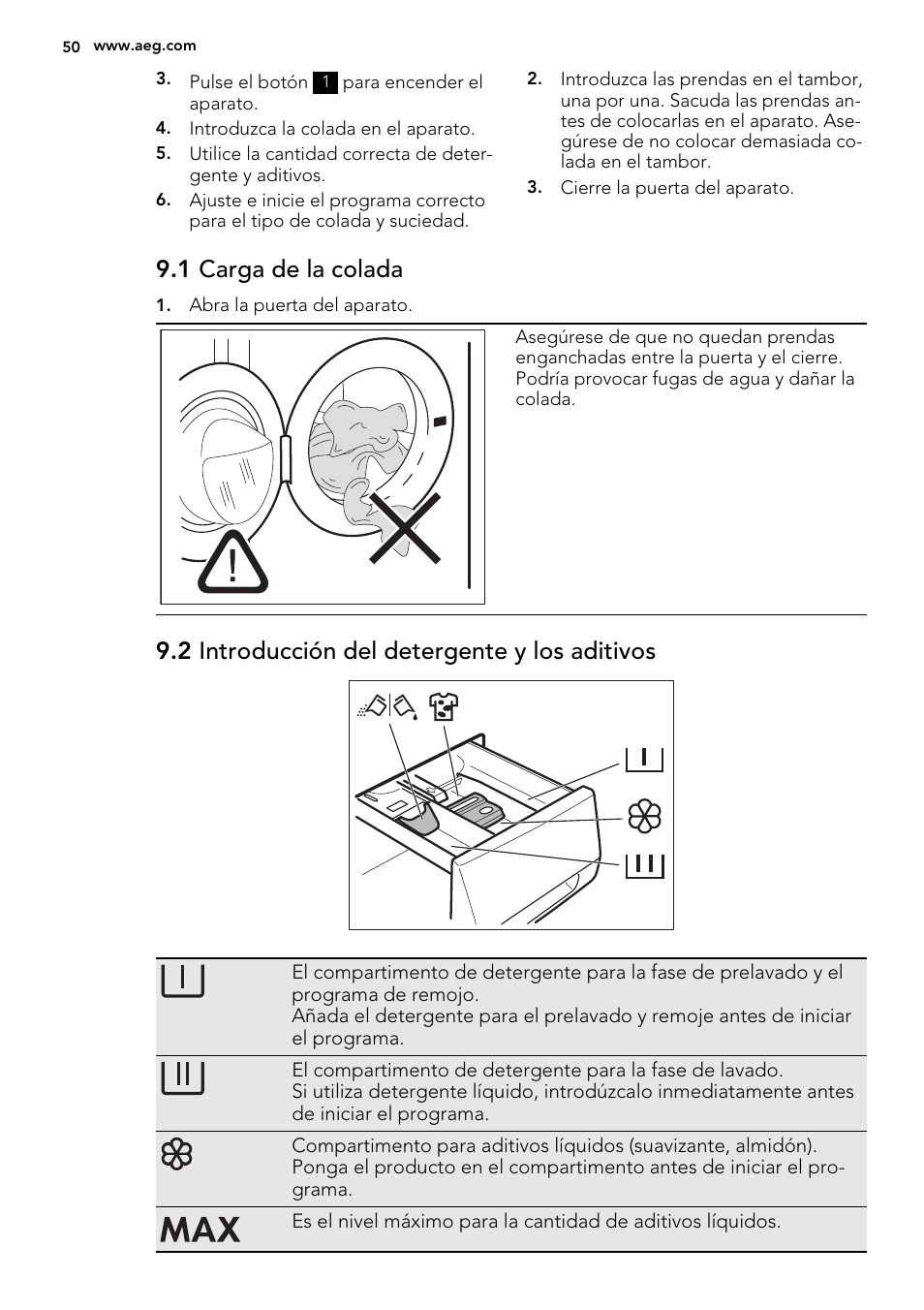 1 carga de la colada, 2 introducción del detergente y los aditivos | AEG L87490FL User Manual | Page 50 / 68