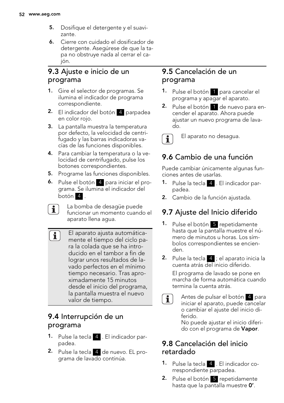3 ajuste e inicio de un programa, 4 interrupción de un programa, 5 cancelación de un programa | 6 cambio de una función, 7 ajuste del inicio diferido, 8 cancelación del inicio retardado | AEG L87490FL User Manual | Page 52 / 68