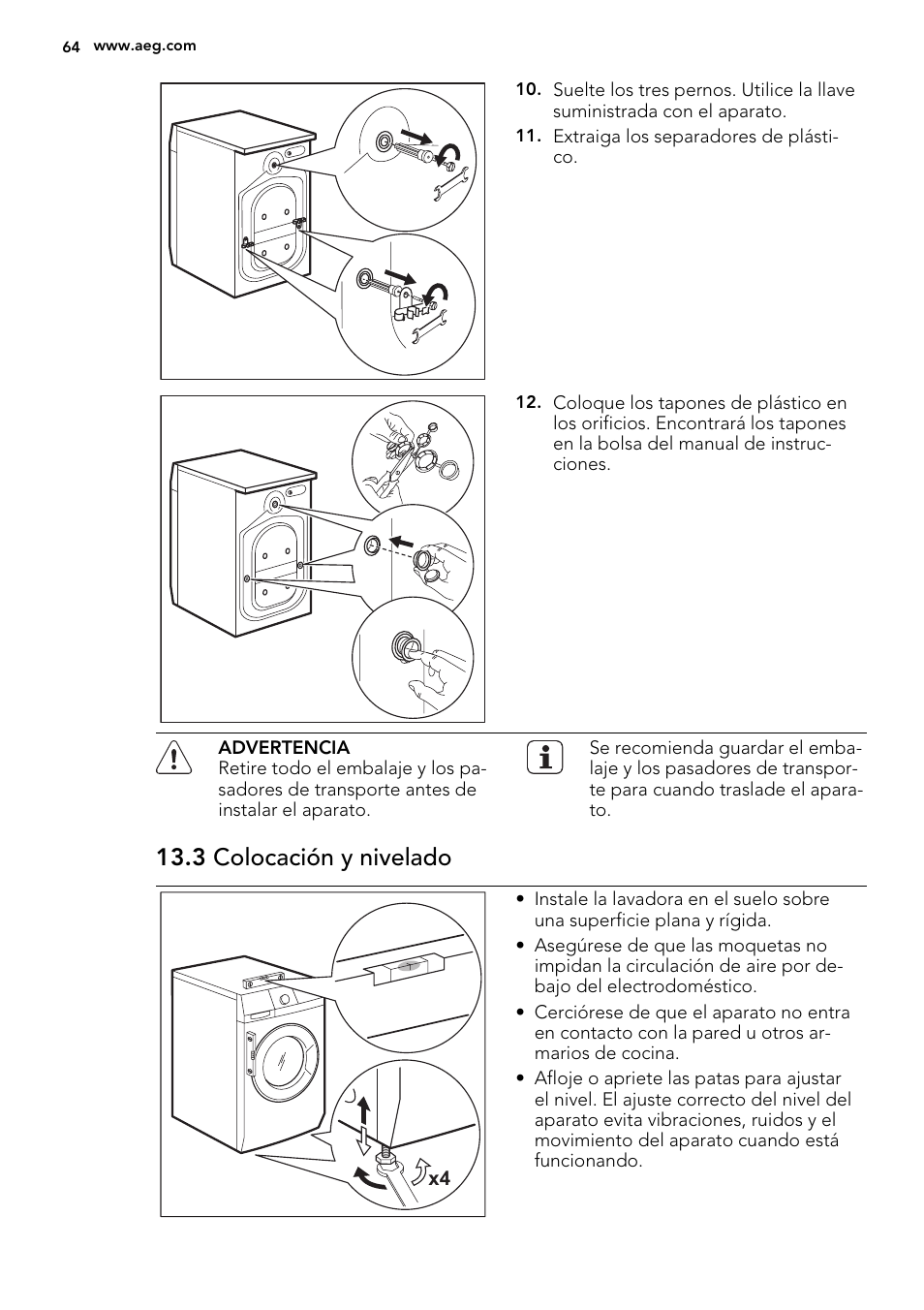 3 colocación y nivelado | AEG L87490FL User Manual | Page 64 / 68