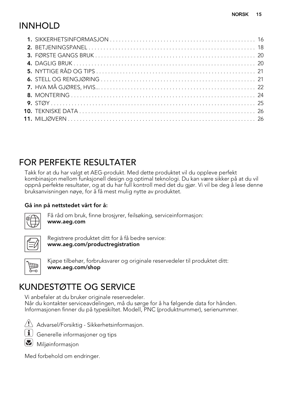 Innhold, For perfekte resultater, Kundestøtte og service | AEG SWD81800L1 User Manual | Page 15 / 72